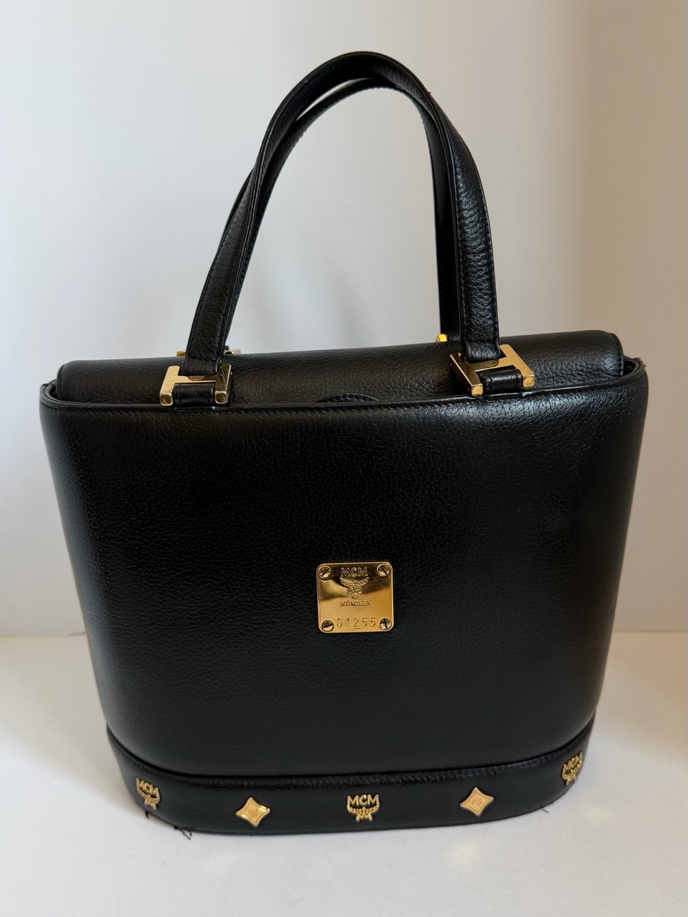 MCM Black Leather Satchel with Gold Logo Plate and Studs - Germany